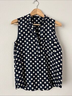 Theory Silk Navy and White Polka Dot Sleeveless Blouse Size S